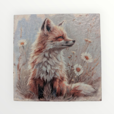 A realistic depiction of a fox sitting among daisies in a serene setting.