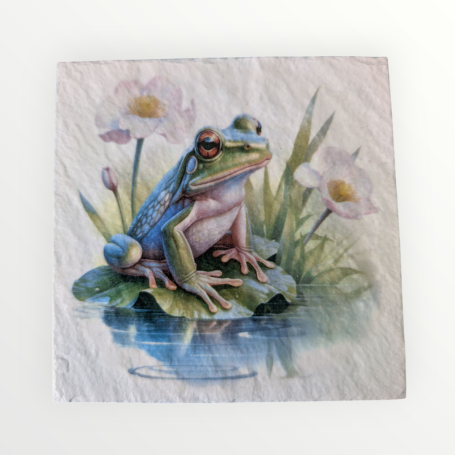 A vibrant frog perched on a lily pad among water lilies.