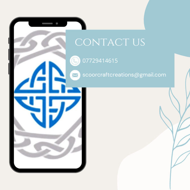 A smartphone displaying a Celtic knot design with contact details.
