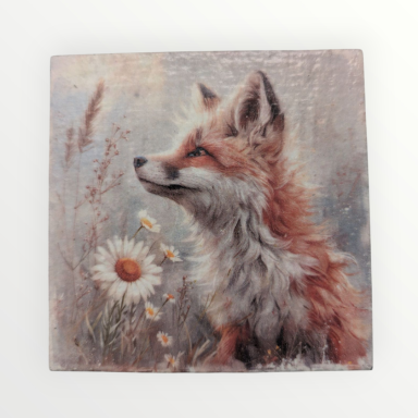 A realistic illustration of a fox beside a daisy flower.